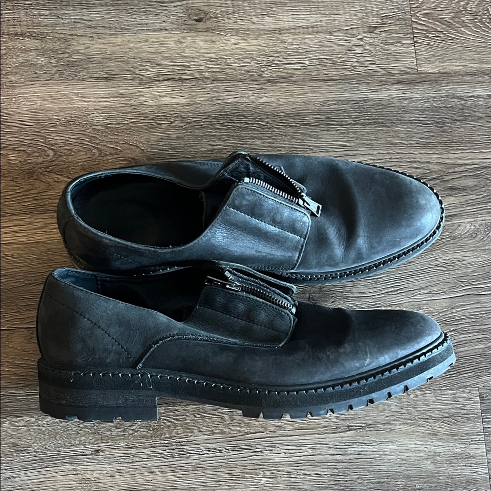 All Saints Black Leather Loafers with Zipper Detail